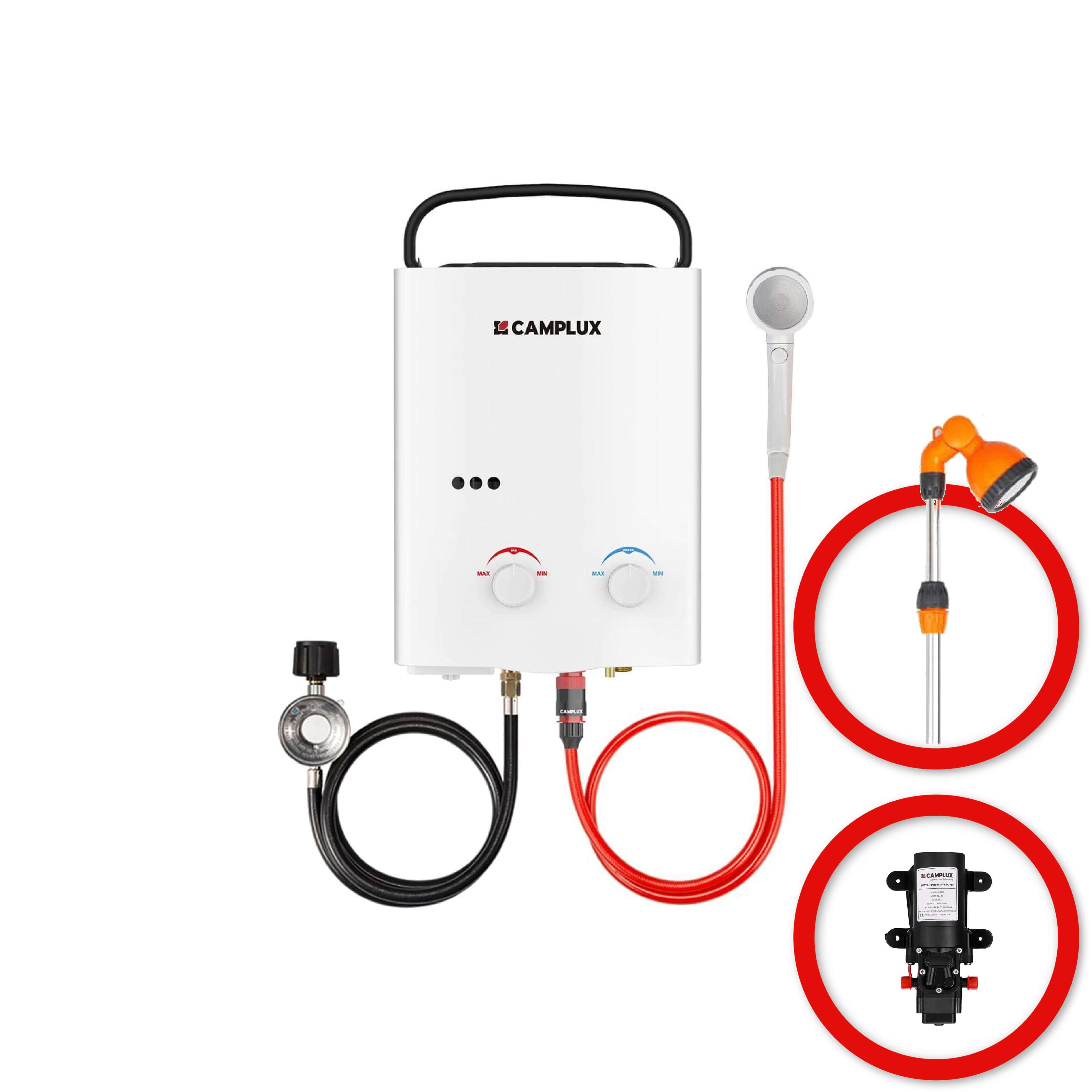 5 Liter Camplux Portable Water Heater with 4.5L Pump & Stand Shower
