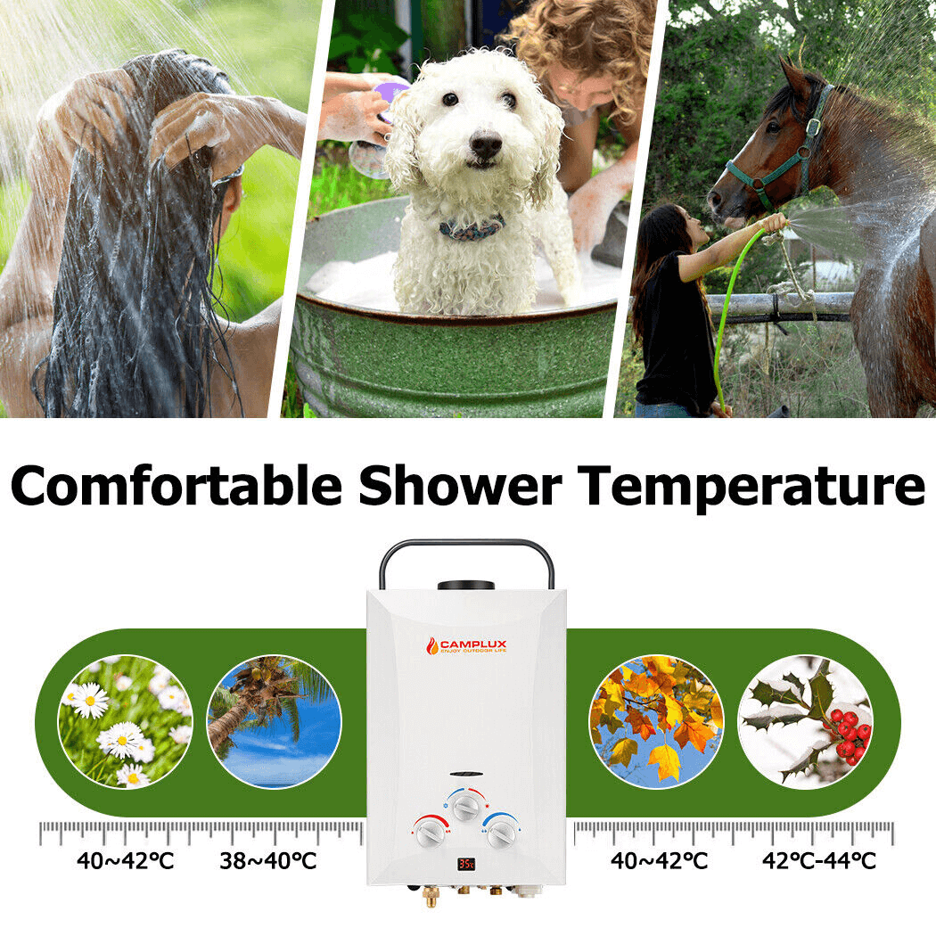 8 Liter Camplux Portable Water Heater with 4.5L Pump & Shower Stand