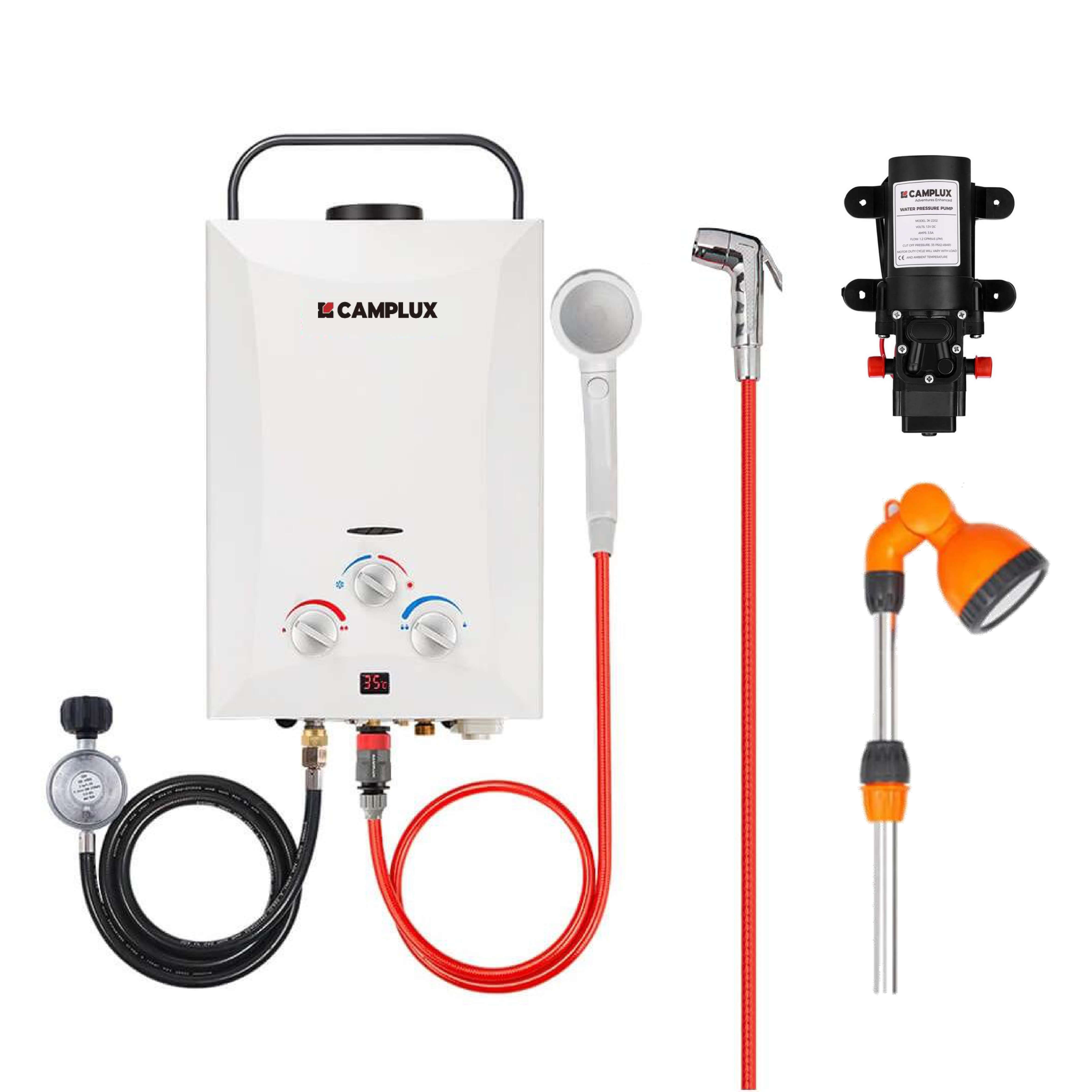 8 Liter Camplux Portable Water Heater with 4.5L Pump & Shower Stand