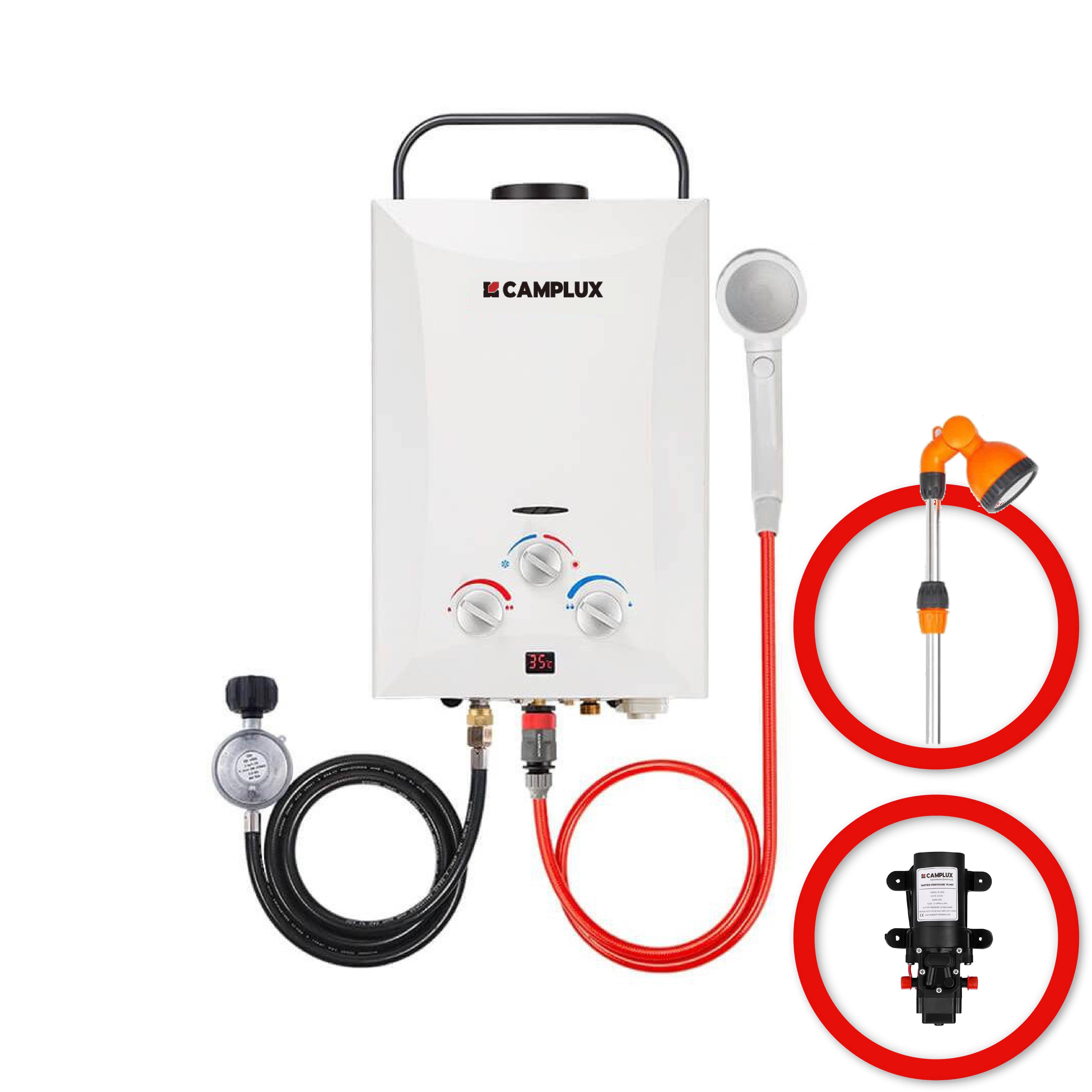 8 Liter Camplux Portable Water Heater with 4.5L Pump & Shower Stand