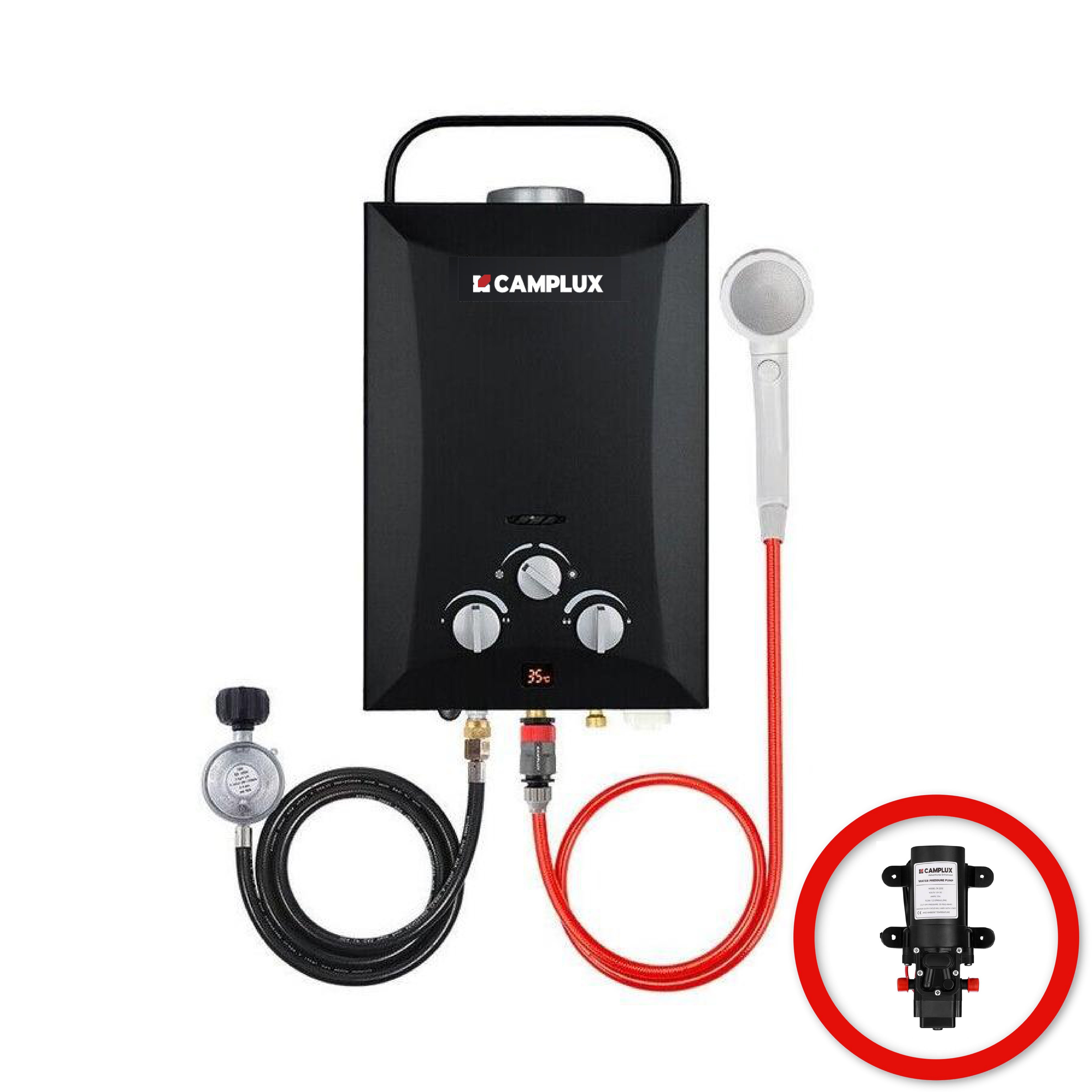 8 Liter Camplux Black Portable Water Heater with 4.5L Pump