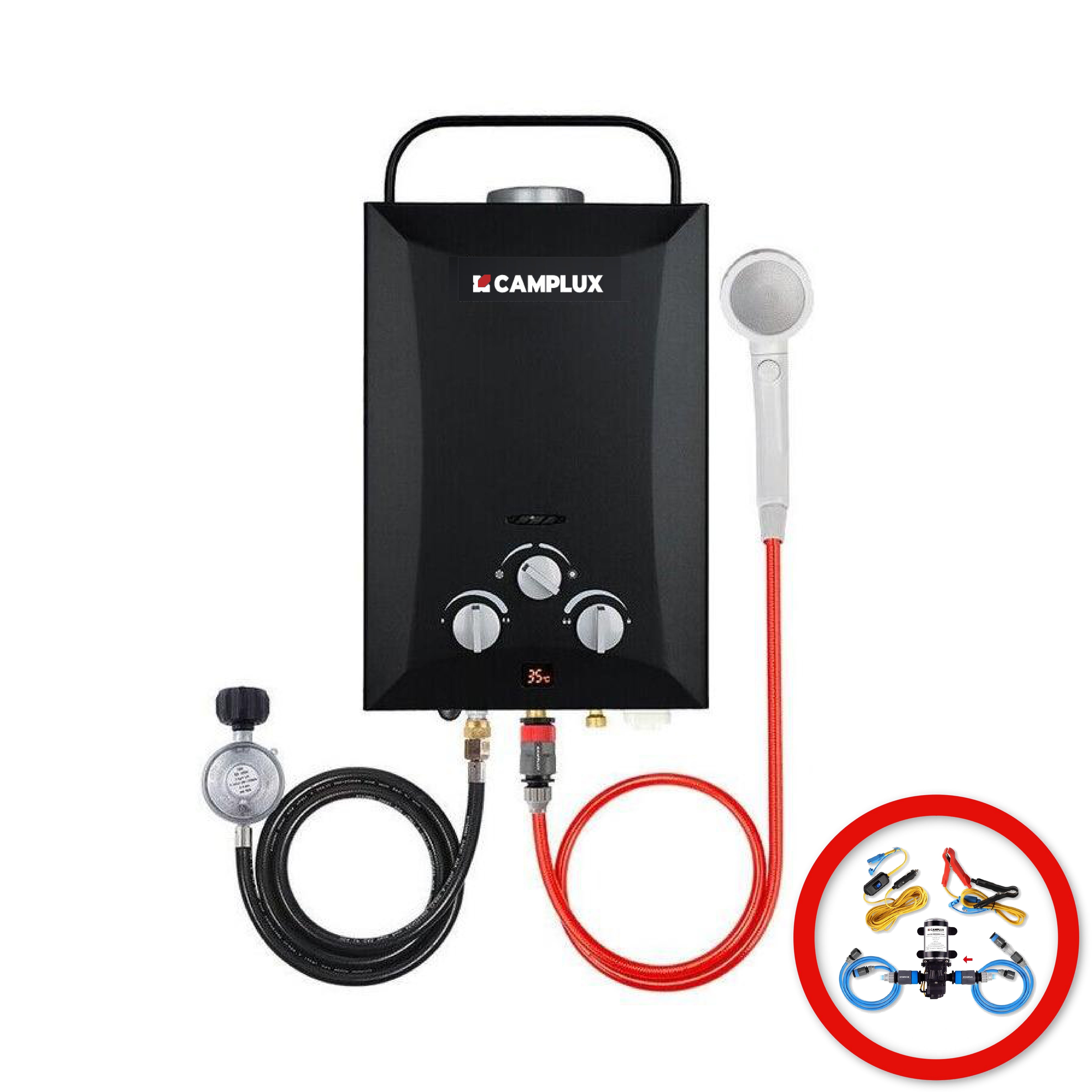 8 Liter Camplux Black Portable Water Heater with 6L Pump Pack
