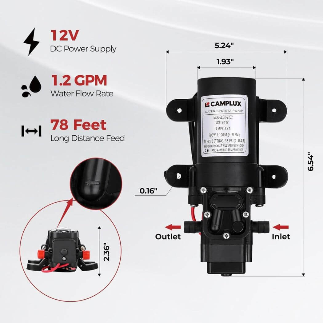 CAMPLUX 12V Pump 35PSI Self Priming Diaphragm 4.5LPM Caravan Shower Camping