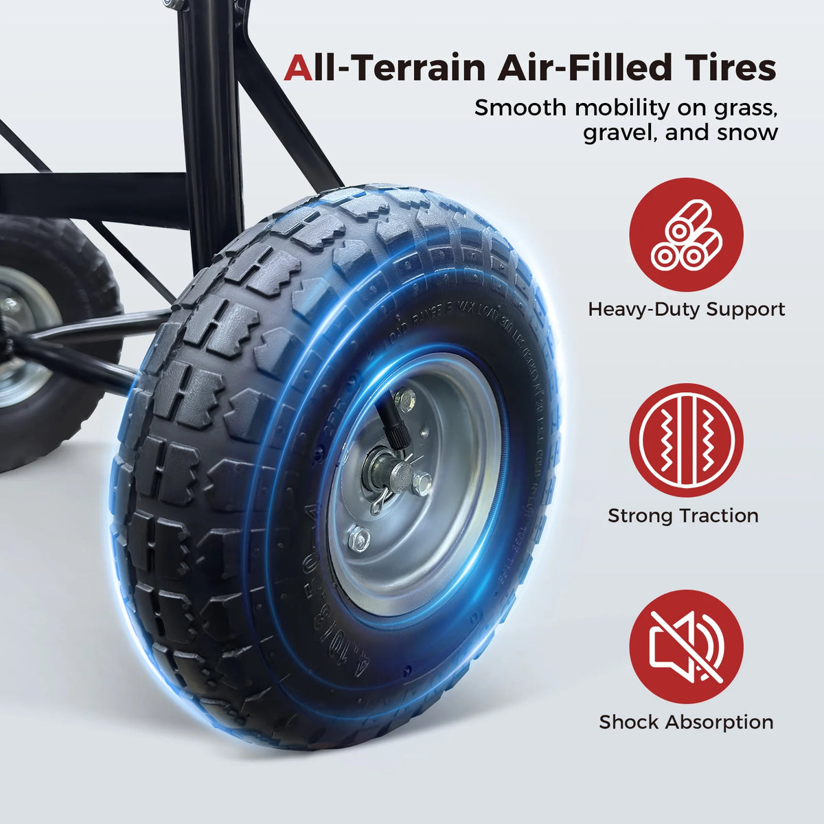 Close-up of CAMPLUX D52 hand trolley pneumatic rubber tyres