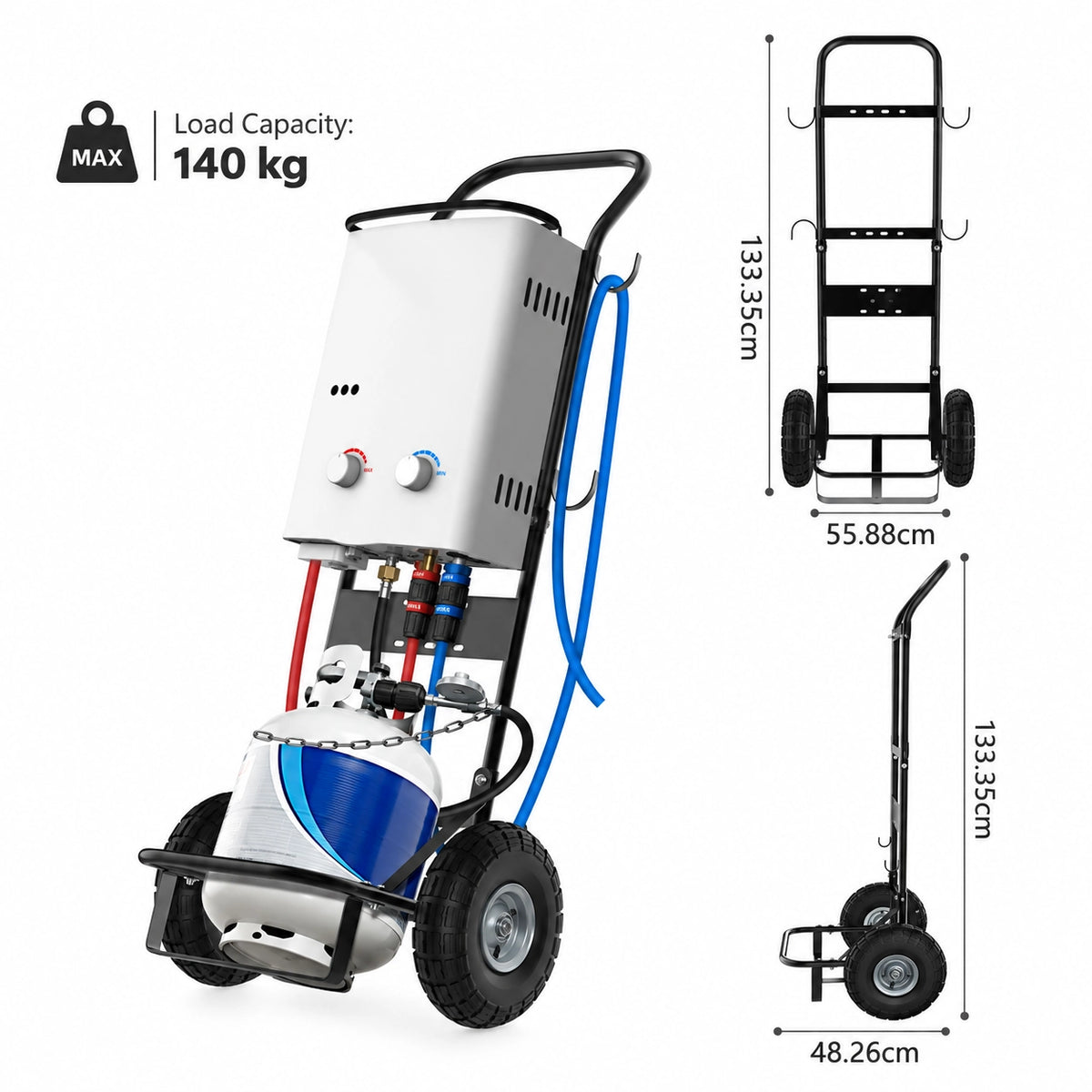 CAMPLUX D52 folding hand trolley showing dimensions and 140 kg load capacity