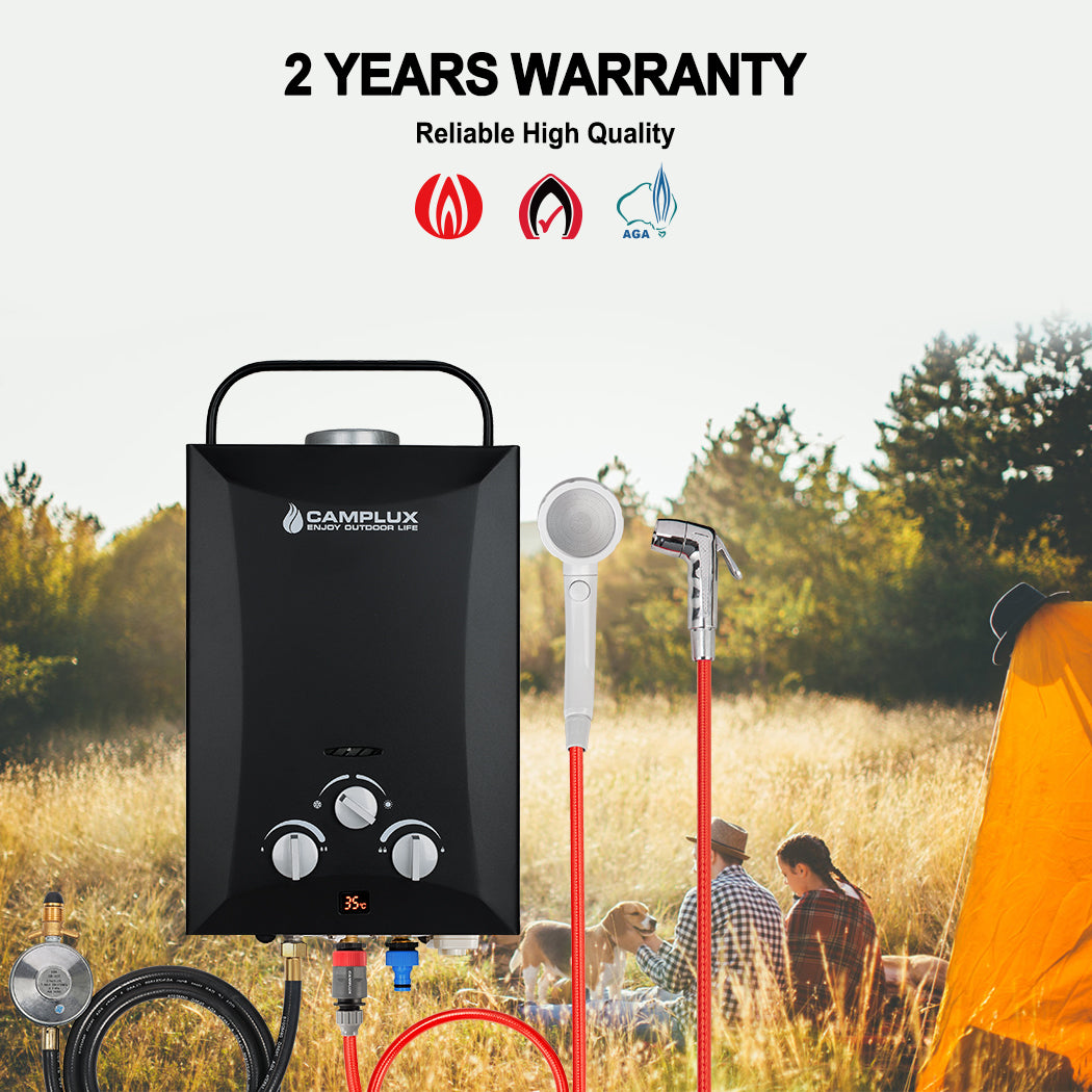 8 Liter Camplux Black Portable Water Heater with 6L Pump Pack