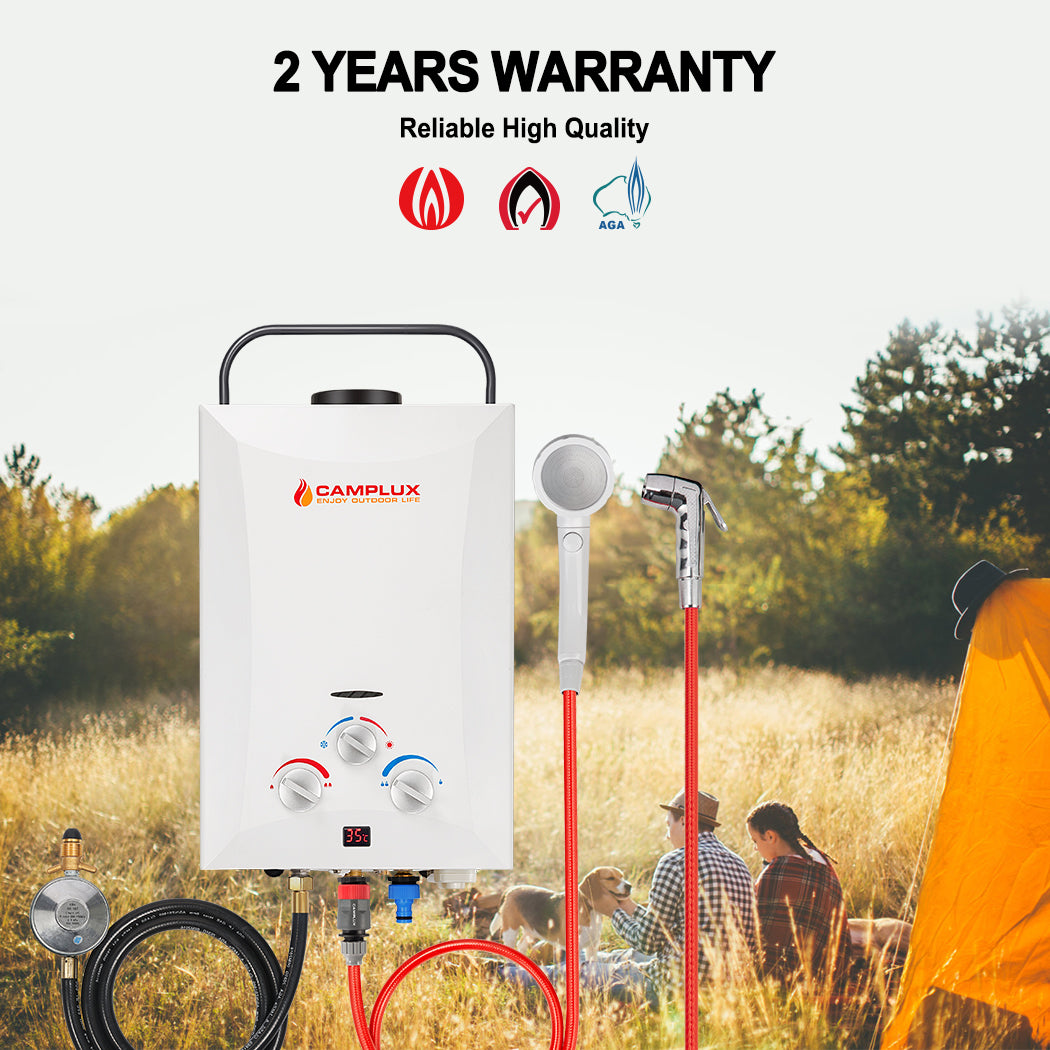 8 Liter Camplux Portable Water Heater with 4.5L Pump & Shower Stand